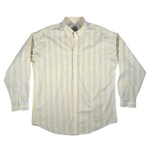 Brooks Brothers 346 Mens Large Yellow Blue Striped Non-Iron Cotton Button Down